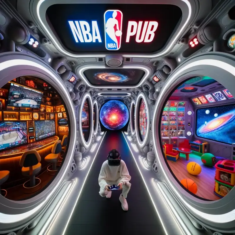 DALL·E-2023-10-19-08.18.09-Photo-of-a-VR-user-inside-a-spaceship-corridor-with-illuminated-portals-showing-glimpses-of-the-NBA-pub-room-with-multiple-screens-a-colorful-kids-1