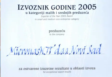 Exporter of the year award in the category of small and medium enterprises, 2005