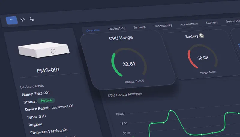 Device overview – Hardware, Firmware versions, CPU usage, battery, free storage, etc.